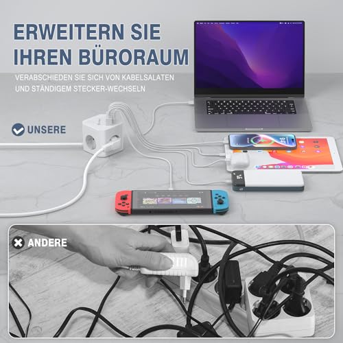 Steckdosenwürfel Mit 6 USB, 4 Fach Mehrfachsteckdose Überspannungsschutz, Steckerleiste mit 2M Verlängerungskabel, Steckdosenadapter Mehrfachstecker, Steckerleiste mit Schalter für Büro Hause Reisen