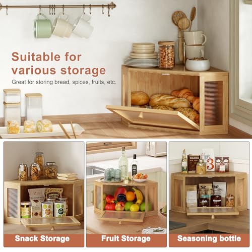 Image of WOWLIVE Corner Bread Box for Kitchen Countertop, Bamboo Bread Storage Container, Large Farmhouse Bread Holder with Acrylic Wavy Door Panel, Multi-functional Container, Natural