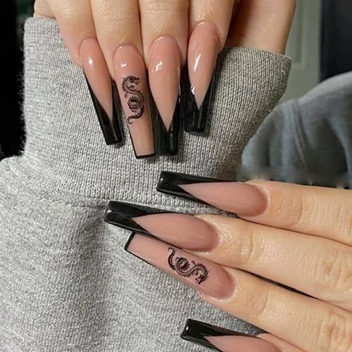 24pcs/Box Long Coffin False Nails with Pattern Design Ballerina Manicure Press On Nails Full Cover Nail Tips for Women and Girls (Black V)