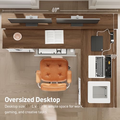 RALGEND Farmhouse 69\" Executive L Shaped Desk with Drawer, Home Office Desk with Charging Station, Corner Computer Desk with Monitor Stand, File Drawer, Storage Cabinet, White and Walnut - Thumbnail 3