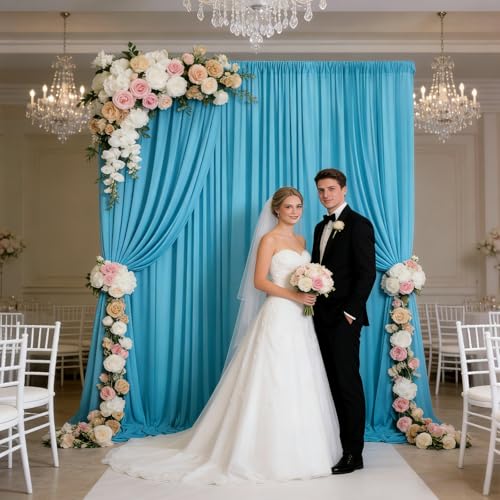 Image of 10ft x 10ft Lake Blue Backdrop Curtains for Parties, Polyester Fabric Backdrop Drapes with Rod Pockets for Weddings, Birthday, Halloween, Photography, Christmas Party Background Curtain, 2 Panels