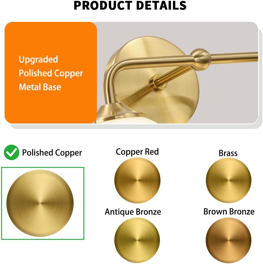 Modern Gold 2-Lights Bathroom Light Fixtures, Brass Vanity Light with Milky White Globe Glass Shade, Elegant Vanity Light Fixtures over Mirror, Wall Sconce Light for Bathroom, Mirror, Dressing Table
