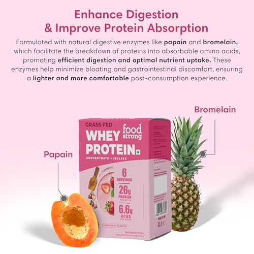 Image of Foodstrong Whey Protein Powder (Concentrate + Isolate), 100% Hormone Free Grass-Fed Whey, 26G Protein & 6.6G BCAA, Strawberry, With Turmeric & Digestive Enzymes, 6 Sachets, 210G
