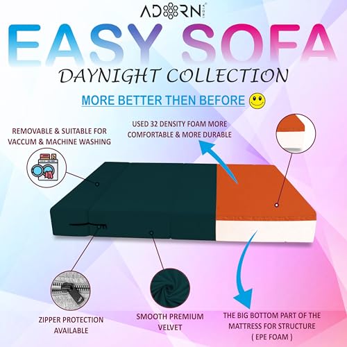 Image of Adorn India Easy 3 Seater Sofa Cum Bed | Velvet Fabric | Ocean Blue | Plain Design | 6x5 Ft | Comfortable Seating | Washable Cover | Perfect for Home & Office