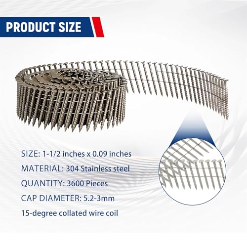 Image of 3600 Count Stainless Steel Coil Nails 15-Degree Collated Wire Coil Nails 1-1 /2 Inch, 0.09 Inch Ring Shank `