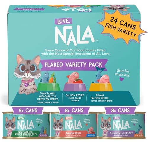 LOVE NALA - FLAKED Fish Variety Pack - 24 Pack - Natural Adult Cat Wet Food - Grain Free Non-GMO Lean Protein Omega 3 Added Minerals & Vitamins