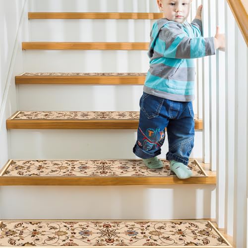 InIsaJace Vintage Stair Treads for Wooden Steps, 15 Pack Stair Runners Non Slip Indoor 8\" X 30\", Washable Carpet Rugs with Silicone Backing for Kids Elders and Dogs