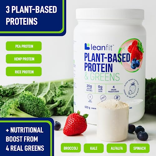 Leanfit Plant-Based Protein & Greens, Natural Berry, 20G Protein, 19 Servings, 1.25 Pound Tub #TOP6
