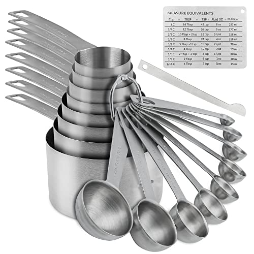 Nstezrne Measuring Cups and Spoons Set, 18/8 Stainless Steel 8 Measuring Cups and 9 Measuring Spoons with Leveler and Measurement Enquivalents, Kitchen and Baking Measure Cups Spoons Set of 19