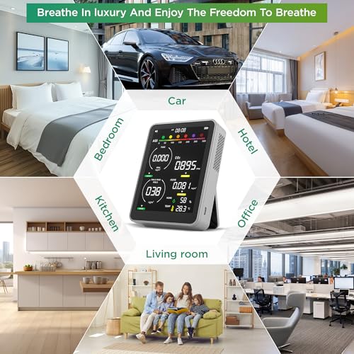 16 in 1 Air Quality Monitor Indoor 9 AQI+7 AQI Alerts, CO2 Monitor Air Quality Tester for CO2, TVOC, PM2.5 PM1.0 PM10, HCHO Temperature Humidity AQI & Time Air Quality Meter for Home (Gray)