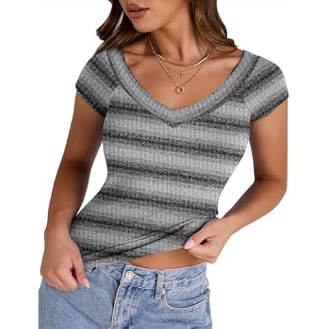 VVK Basic Tees for Women Summer Ribbed V Neck T Shirts Short Sleeve Slim Fit Womens Basic Tops Black-Grey Big Stripe S Cover