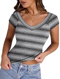 VVK Summer Tops for Women Low Cut V Neck T Shirts Short Sleeve Off The Shoulder Basic Tees Top Black-Grey Big Stripe L