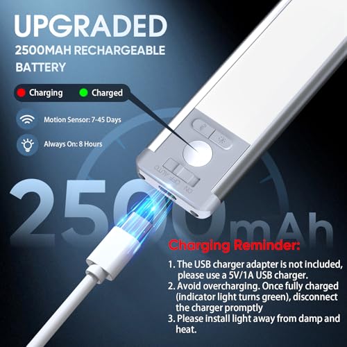 14.7inch Under Cabinet Lighting with 3 Color Temps, 2 Pack Rechargeable Motion Sensor Light Indoor, 5 Levels Dimmable Magnetic Closet Lights, Wireless Under Counter Lights for Kitchen, Stairs