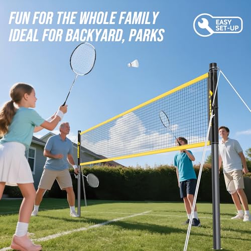 Patiassy Professional Badminton Set with Carbon Fiber Badminton Rackets Set of 4, Outdoor Portable Badminton Net with Anti-Sag Winch System, 4 Nylon Badminton Shuttlecocks and Bag