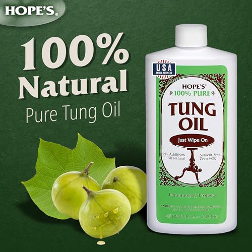 HOPE'S 100% Pure Tung Oil, Food Safe, Premium Waterproof Natural Wood Finish and Sealer for Indoor and Outdoor Projects,16 Fl Oz, 1 Pack