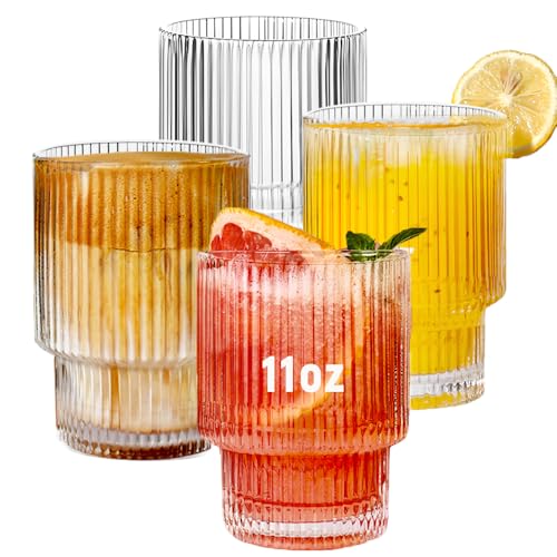 Ribbed Glassware Set of 4, 11oz Clear-Short Origami Style Drinking Glass Cup, Iced Coffee, Cocktail, Beer, Juice Drinking Glasses