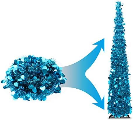 Joy-Leo 5ft Blue Sparkly Pop Up Sequin Christmas Tree - Reflective Colors Tinsel, Save Your Space and Time (Set Up in 5 Minutes), Collapsible Small Tabletop Artificial Xmas Tree, Skinny Pencil Tree