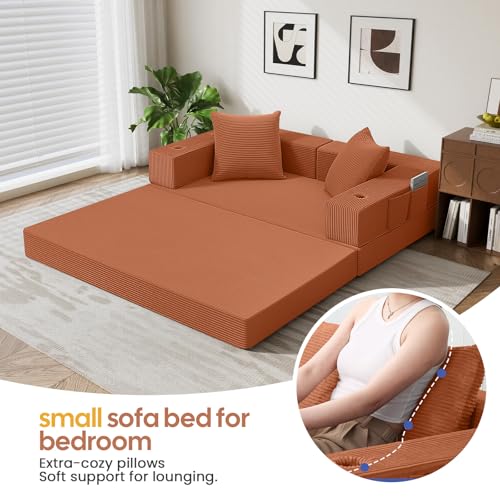 Image of COMAX Futon Sofa Bed, Convertible Sofa Bed, Folding Boneless Couches | Boneless Couch for living room, Fold Out Small Foldable Loveseat Floor Sleeper Mattress Lounge Space‑Saving, Light Orange