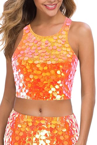 MANER Women's Contrast Sequin Crop Top Sparkle Club Tank Sleeveless Night Out Party Tops (S/US 4-6, Orange)
