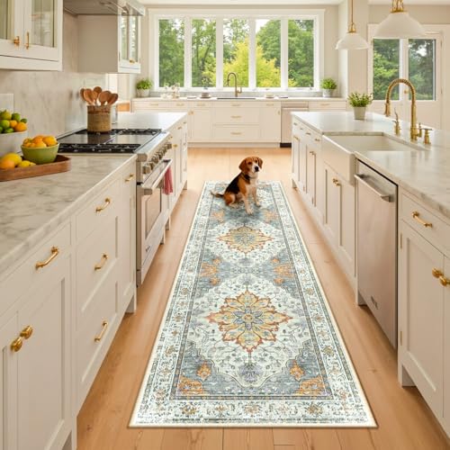 RELEANY Washable Area Rug, Runner 2'6"x8', Beige/Carbon Grey/Orange