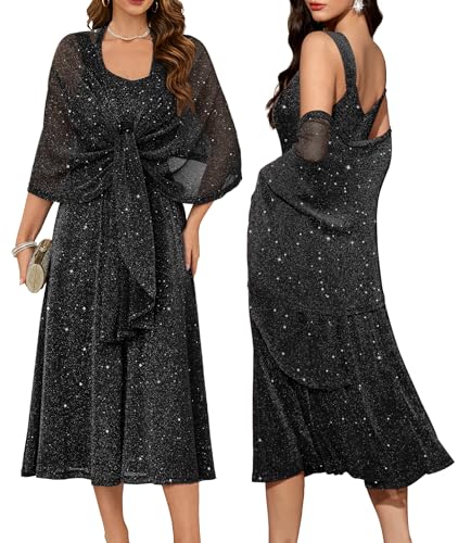 BeryLove Formal Wedding Guest Cocktail Sequin Glitter Dress Mother of The Bride Dresses Evening Prom Party Prom Two Piece Gowns 0039 Black L