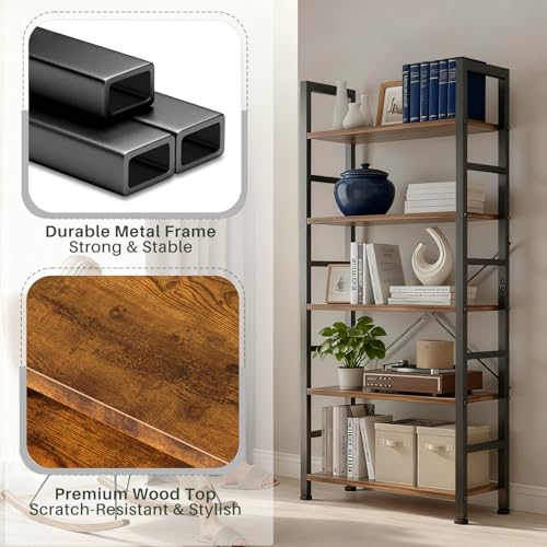 SageNest 5 Tier Bookshelf, Free Standing Wooden Bookcase with Open Storage Shelves with Metal Frame, Sturdy Shelf Organization Display Rack for Living Room, Bedroom, Home Office, 62.2" Tall, Brown by SageNest - Image 4