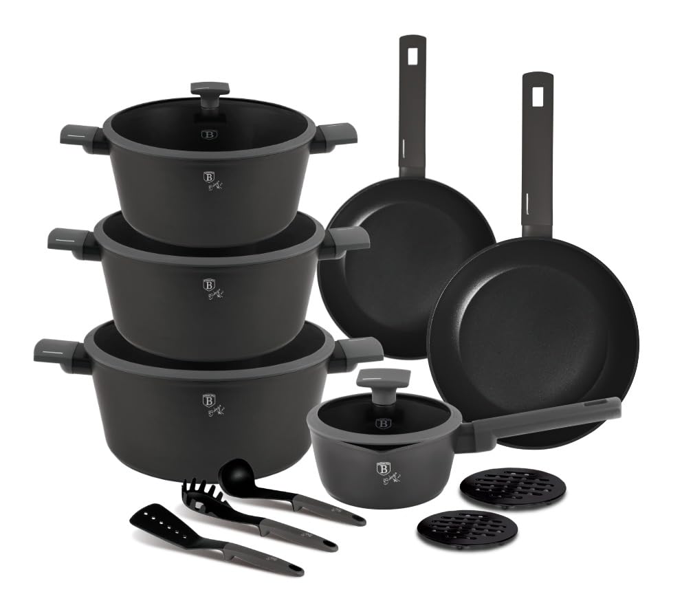 Berlinger House Cookware Set with Titanium Coating 15 Pieces Anthracite Collection | Sturdy, Versatile and Stylish
