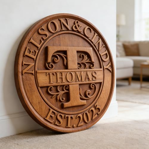 Custom Engraved Family Name Sign,Our round wooden plaque is fully customizable with your family names, monogram initial, and establishment year, Adopting deep laser engraving technology, the carved patterns and words are clear, durable, not easy to fade, showing exquisite retro texture and unique family charm