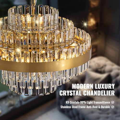 Tinkoso Gold Modern Crystal Chandelier, 16-Light 5-Tier Round K9 Crystal Ceiling Pendant Light Fixture, Luxury Statement Lighting for Dining Room, Kitchen Island, Bedroom & Foyer, 23.6 Inch by Tinkoso - Used condition - Image 9
