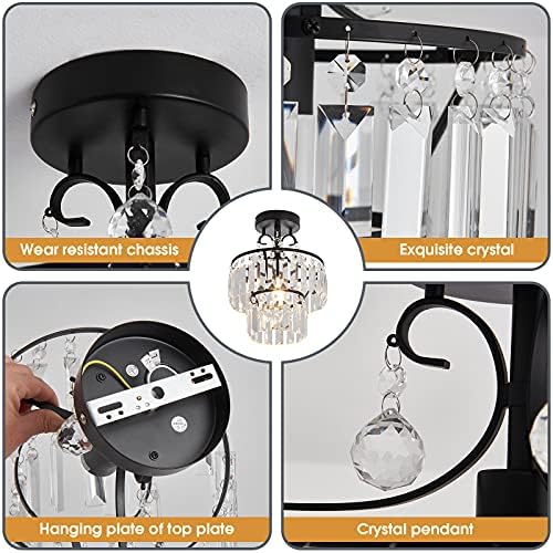 YASSLIO Modern Chrome Crystal Chandelier,Metal Semi Flush Mount Ceiling Light Fixture,2 Tiers Crystal Pendant Lighting forBedroom Hallway Living Room Foyer Laundry