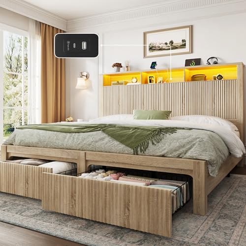 CypBed King Size Bed Frame with 2 Storage Drawers, Charging Port & LED Light, Wood King Bed Frame and 2-Tier Headboard,Farmhouse Wavy Design, Metal Platform, Noise-Free, No Box Spring Needed, Wood