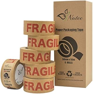 NATEE® Strong Paper Packaging Tape | Eco-Friendly | Fully Recyclable | Fragile Printed Kraft Paper for Packing Parcels and Boxes | Brown Paper Packaging for Moving House | 50m x 50mm Width | 6 Rolls