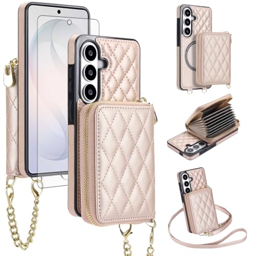 Asuwish Detachable Magnetic Wireless Charging Wallet Phone Case for Samsung Galaxy S26 5G with Screen Protector Crossbody Strap RFID Blocking Credit Card Holder S 26 26S G5 SM-S942U Women Rose Gold