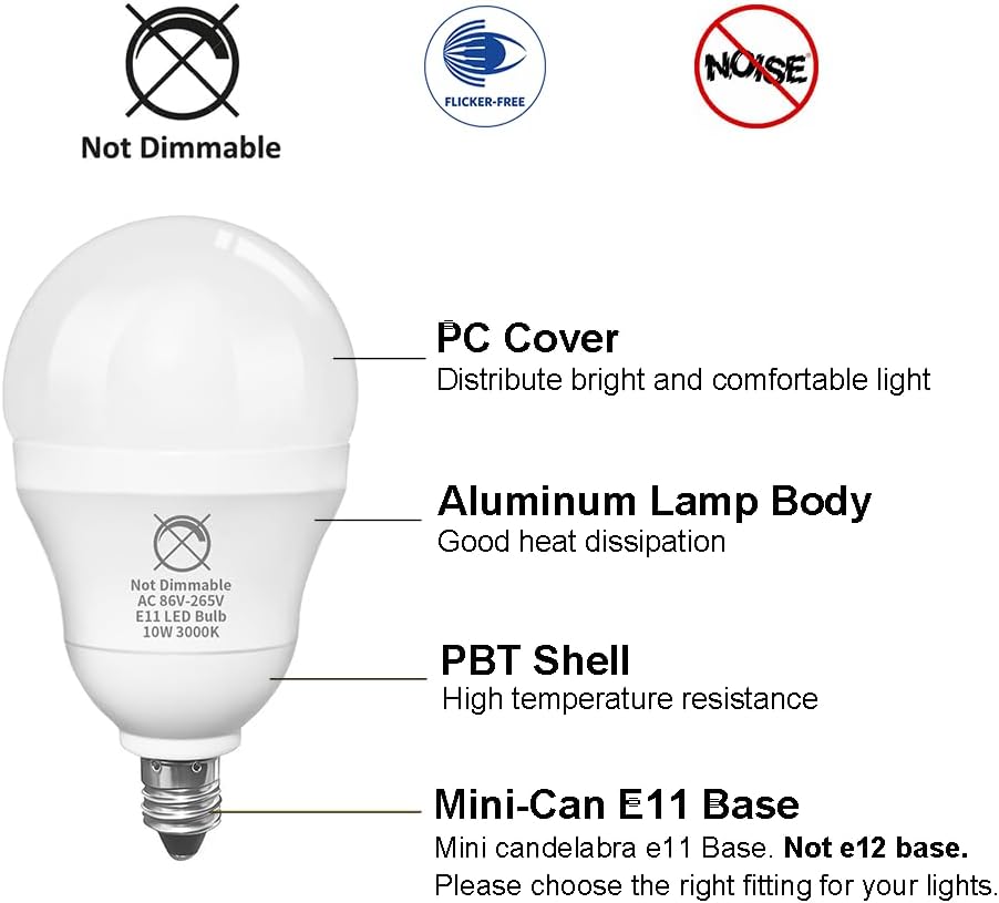 Non-Dimmable E11 LED Bulb 10W, 100W Mini-Can E11 Halogen Equivalent, 1200LM, 86V-265V, 5000K Daylight White, Mini Candelabra Base JDE11 Bulb, 4-Pack