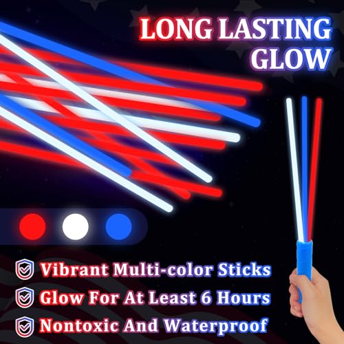 120 Pcs Glow Sticks 4th of July Party Supplies,Neon Party Glow Bracelets and Necklaces Red White Blue Glow Stick with Connectors & 20 Handles for Kids & Adults Independence Day 250th Anniversary Decor by TURNMEON - Used condition - Image 3