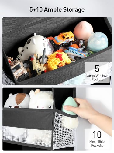 Image of Yecaye 1 Pc Over the Door Organizer with 5 Bins 10 Side Pockets, 44lbs Load Hanging Bathroom and Bedroom Organizer, behind the Door Hanging Organizers for Nursery Newborn Baby Essential Stuff Black