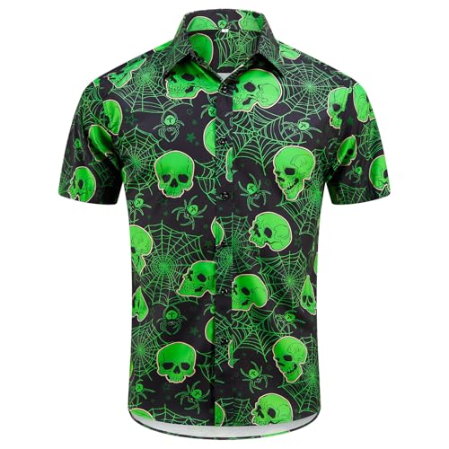 EUOW Halloween Button Down Shirts for Men Fun Skeleton Printed Casual Short Sleeve Hawaiian Tropical Novelty Shirt2