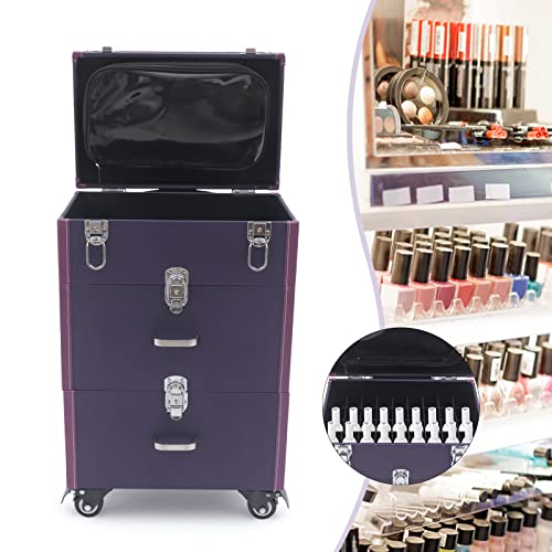 Rolling Nail Case Makeup Train Case 3 Tier Cosmetic Trolley Nail Polish Organizer With Adjustable Compartment Nail Technicians Travel Case For Makeup Nail Tech Salon 24.8 * 12.6 * 16.1 Inch (Purple) #TOP4