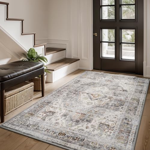 AMOAMI-3X5 Area Rug-Soft Washable Vintage Throw Accent Rugs for Living Room, Entryway, Bedroom, Kitchen, Bathroom, Laundry Room, Kitchen, Bathroom, Bedside, No Slip Grey