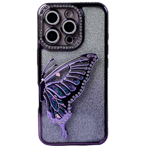 Image of PEEPERLY Back Cover Case for iPhone 15 Pro Scratch Resistant Anti-Slip TPU Shockproof Protective Durable Glamorous Rhinestone Butterfly Glitter Case for Girls & Women(Purple)