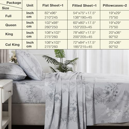 Image of Vintage Floral Bed Sheets Gray Percale King Size Deep Pocket 4Pcs | 100% Cotton Dark Flower Farmhouse Sheet Set, Soft Crisp Shabby Chic Toile Sheets, Cottage Core Bedding, Botanical Pattern