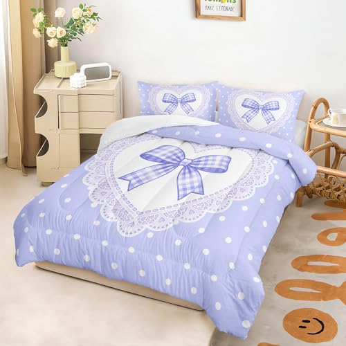 Image of AILONEN Violet Gingham Comforter Queen 3-Piece Kawaii Bowknot Bedding Luxury Lace Heart Patterned Quilt Dreamy Master Bedroom Decor Light Purple Breathable Blanket 2 Cases