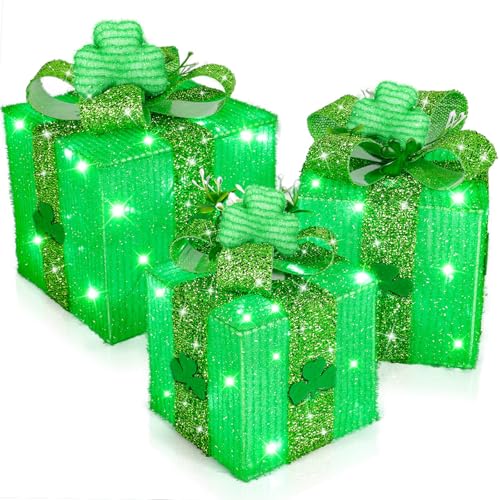 Timer & 8 Mode 3 Pack St Patricks Day Decorations Lighted Gift Boxes with 3D Shamrocks 60 LED Glitter Tinsel St Patrick's Day Decor Battery Operated Light Up Clover Present for Outdoor Home Room Decor