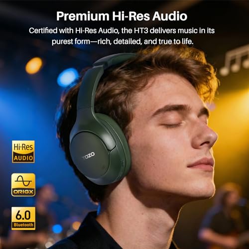 Image of TOZO HT3 Hybrid Noise Cancelling Headphones, 90H Battery Life Wireless Over Ear Bluetooth 6.0 Foldable Headset, AI Voice Assistant with 5 Mics, Connect 2 Devices & Hi-Res Sound, 32 Audio EQ, with Case