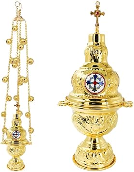 26.8" Orthodox Hanging Censer with Bells, Gold-Plated Zinc Alloy Incense Burner, Church Ritual Incense Burner Cross