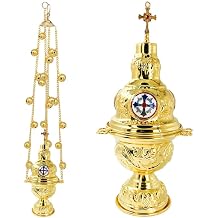 26.8" Orthodox Hanging Censer with Bells, Gold-Plated Zinc Alloy Incense Burner, Church Ritual Incense Burner Cross