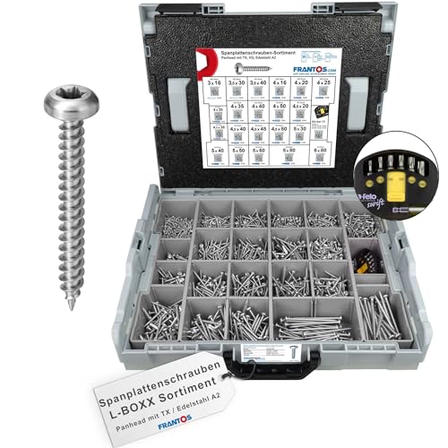FRANTOS Spanplattenschrauben Panhead TX Sortiment in L-Boxx - Edelstahl A2 I 2346 tlg. + Torx Bit-Sortiment Felo I Holzschrauben Schraubensortiment Set