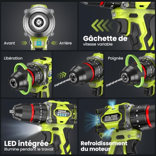 VOERJIA Perceuse Visseuse Sans Fil 21V, Perceuse Percussion Brushless 60Nm, 2 Batteries 2000mAh, 21+3 Couples, Mandrin 10mm, 2 Vitesses, LED, 29 Accessoires et Coffret – vue 7