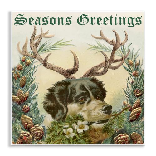 Holiday Dog Antlers Botanical, 12 x 12 Inch Mounted Print on Wall Plaque