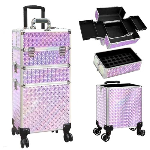 SEKAM Rolling Makeup Train Case 4 in 1 Cosmetology Case on Wheels Large Storage Cosmetic Trolley with Key Salon Barber Case Traveling Cart Trunk, PurplePink